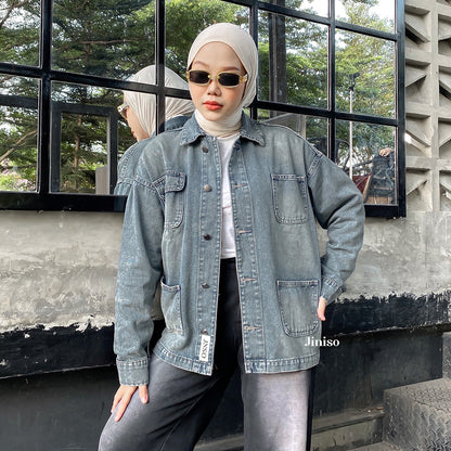 JINISO Jaket Denim Jeans Oversize WorkWear Blue Washed