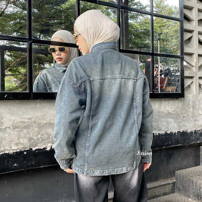 JINISO Jaket Denim Jeans Oversize WorkWear Blue Washed