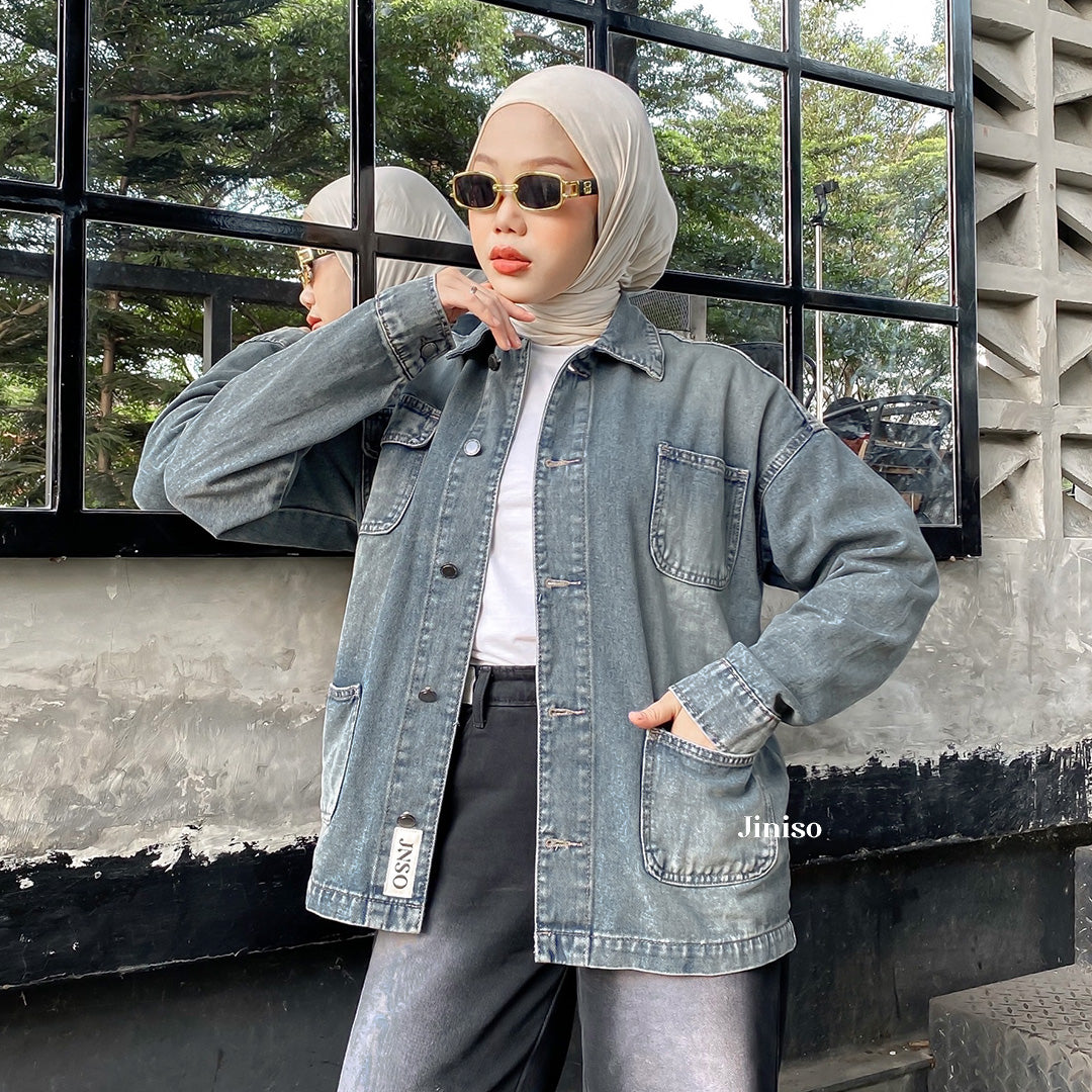 JINISO Jaket Denim Jeans Oversize WorkWear Blue Washed
