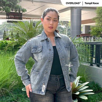 JINISO Big Size Jaket Denim Jeans Oversize WorkWear Blue Washed