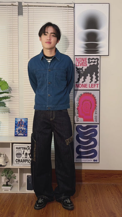 JINISO Pria Jaket Jeans Oversize Casual Blue Black