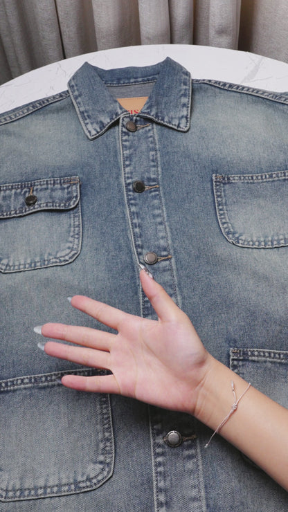 JINISO Big Size Jaket Denim Jeans Oversize WorkWear Blue Washed