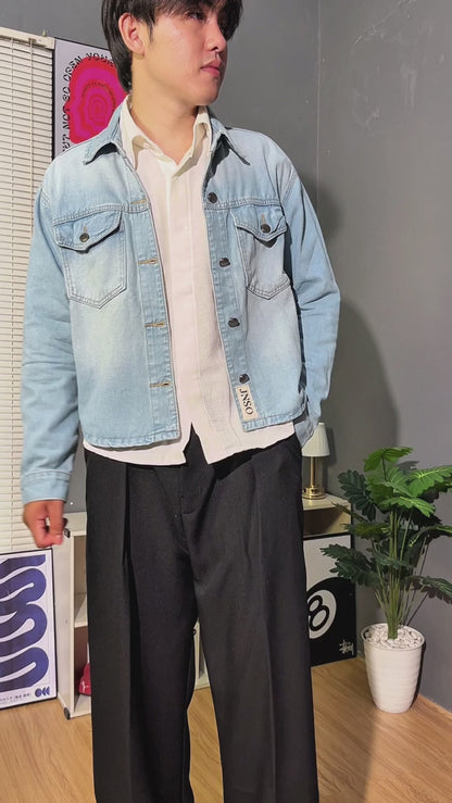 JINISO Pria Jaket Jeans Oversize Rider Light Blue Denim