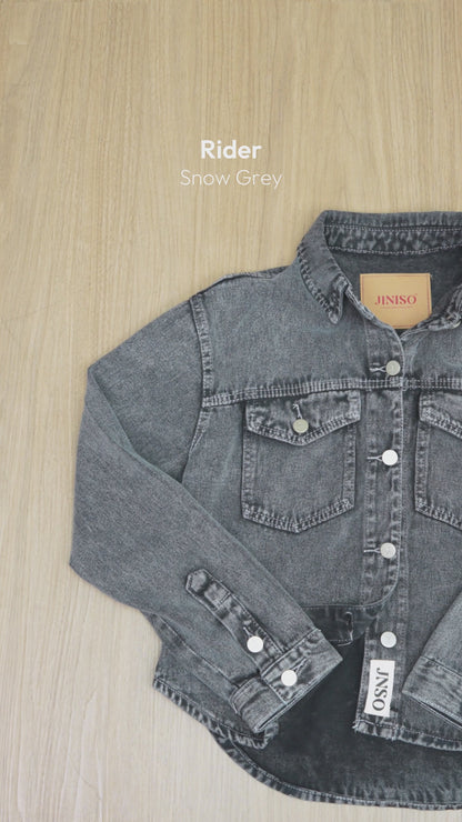 JINISO Pria Jaket Jeans Oversize Rider Snow Grey