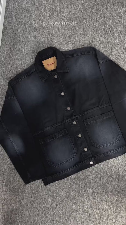 JINISO Pria Jaket Jeans Oversize Onyx Black Spray