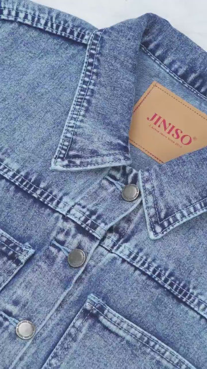 JINISO Big Size Jaket Crop Jeans Oversize Pocket Blue Acid