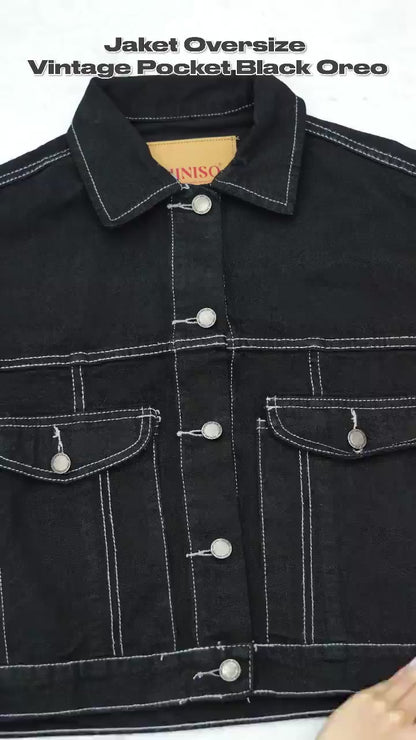 JINISO Jaket Crop Jeans Oversize Vintage Pocket Black Oreo