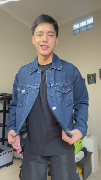 JINISO Pria Jaket Jeans Oversize Origin Blue Black