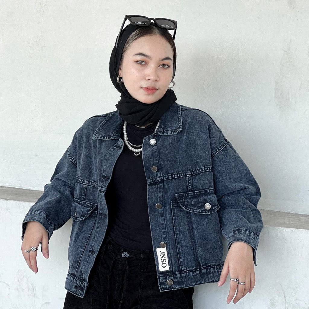 JINISO Jaket Crop Jeans Oversize Vintage Pocket Black Acid