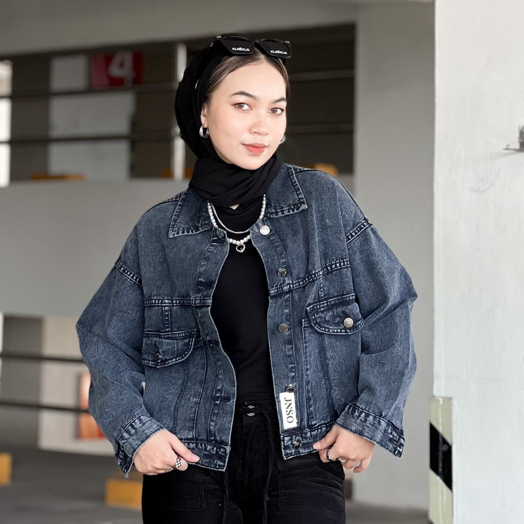 JINISO Jaket Crop Jeans Oversize Vintage Pocket Black Acid