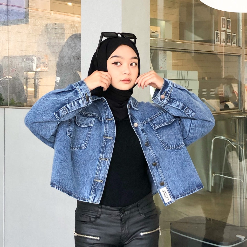 JINISO Jaket Crop Jeans Oversize Baggy Pocket Blue Acid