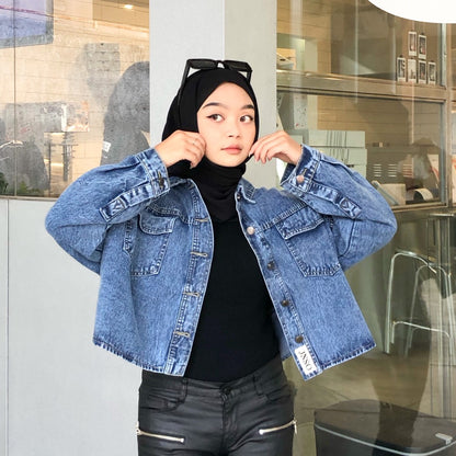 JINISO Jaket Crop Jeans Oversize Baggy Pocket Blue Acid