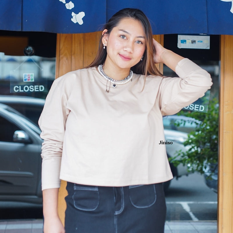 JINISO Kaos Big Size Crop Top Oversize Lengan Panjang Polos T-Shirt