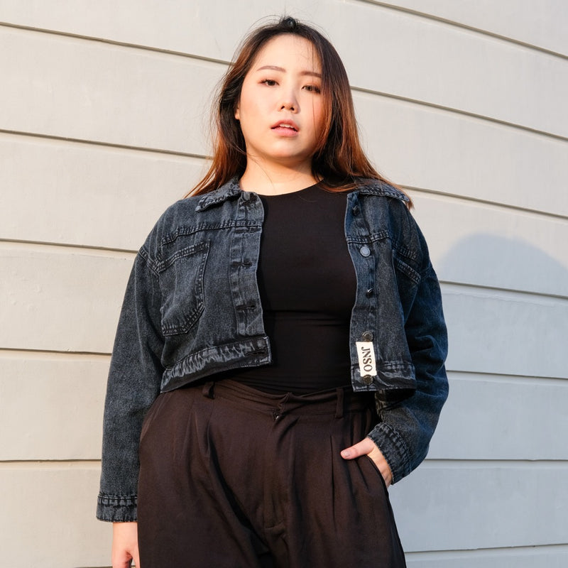 JINISO Big Size Jaket Crop Jeans Oversize Pocket Black Acid