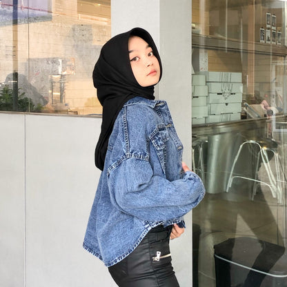 JINISO Jaket Crop Jeans Oversize Baggy Pocket Blue Acid