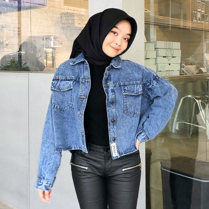 JINISO Jaket Crop Jeans Oversize Baggy Pocket Blue Acid