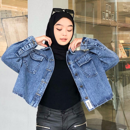 JINISO Jaket Crop Jeans Oversize Baggy Pocket Blue Acid