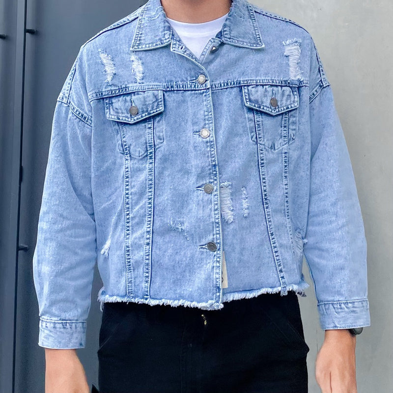 JINISO Pria Ripped Jaket Jeans Oversize Vintage Blue Acid