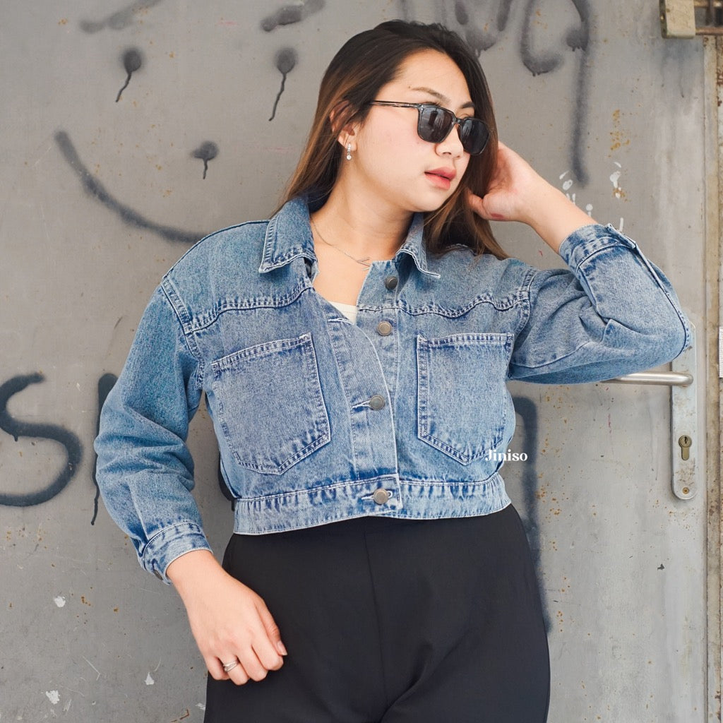 JINISO Big Size Jaket Crop Jeans Oversize Pocket Blue Acid