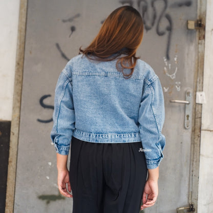 JINISO Big Size Jaket Crop Jeans Oversize Pocket Blue Acid