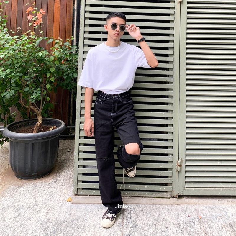 JINISO Denim Pria Loose Ripped Jeans