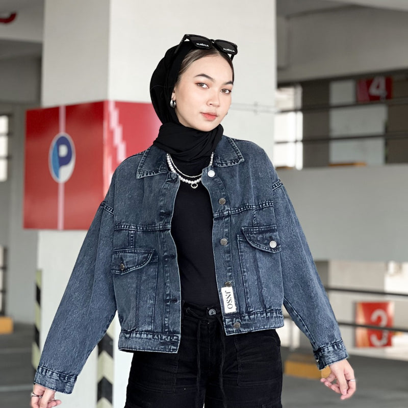 JINISO Jaket Crop Jeans Oversize Vintage Pocket Black Acid