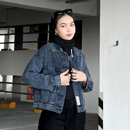 JINISO Jaket Crop Jeans Oversize Vintage Pocket Black Acid