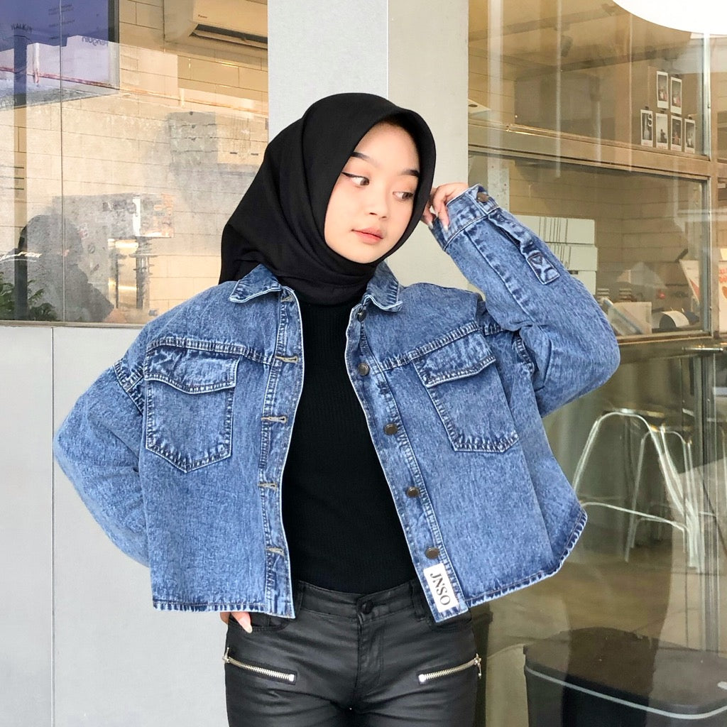 JINISO Jaket Crop Jeans Oversize Baggy Pocket Blue Acid