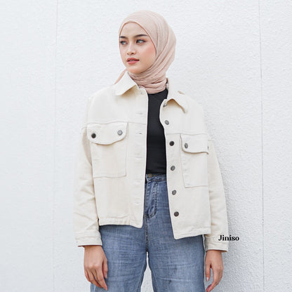 JINISO Jaket Crop Jeans Oversize Pocket Khaki