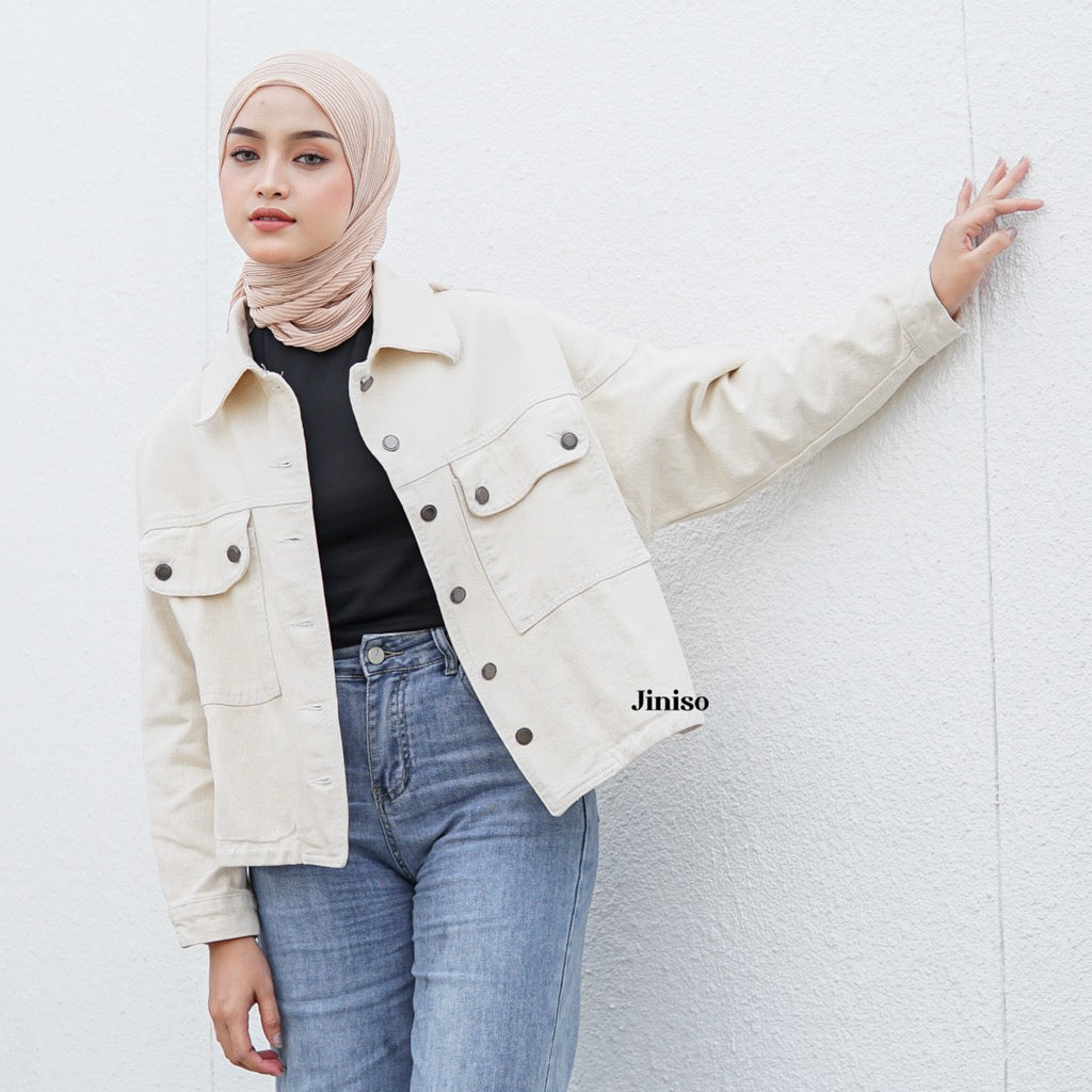 JINISO Jaket Crop Jeans Oversize Pocket Khaki