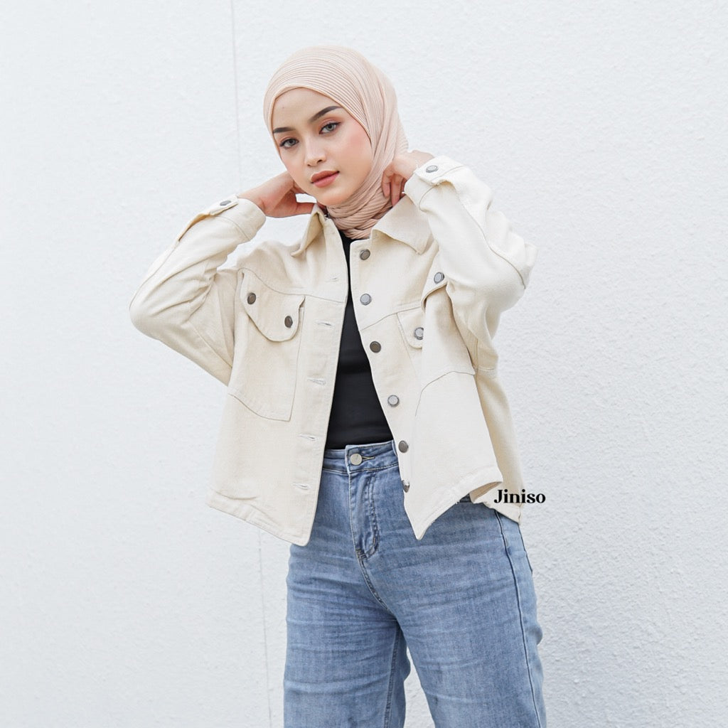 JINISO Jaket Crop Jeans Oversize Pocket Khaki