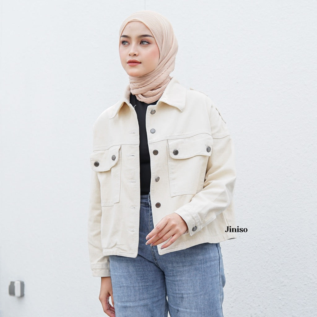 JINISO Jaket Crop Jeans Oversize Pocket Khaki