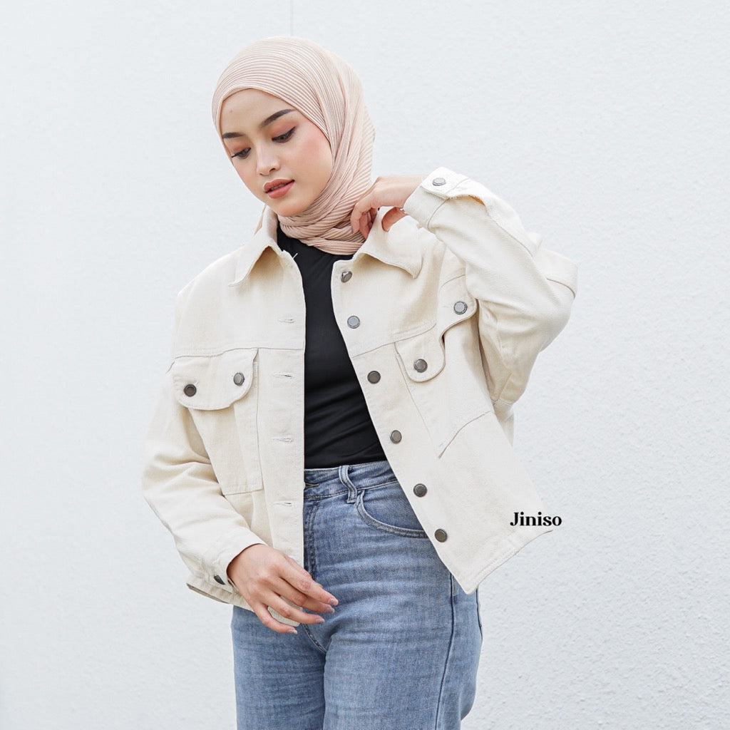 JINISO Jaket Crop Jeans Oversize Pocket Khaki