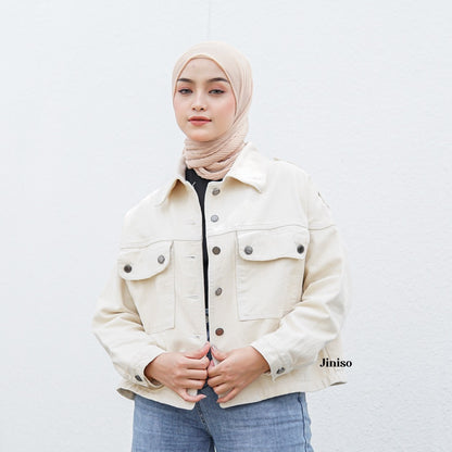 JINISO Jaket Crop Jeans Oversize Pocket Khaki