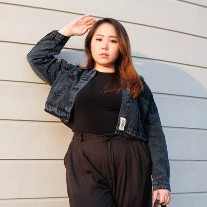 JINISO Big Size Jaket Crop Jeans Oversize Pocket Black Acid