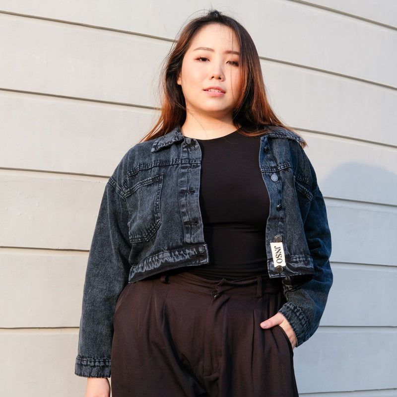 JINISO Big Size Jaket Crop Jeans Oversize Pocket Black Acid