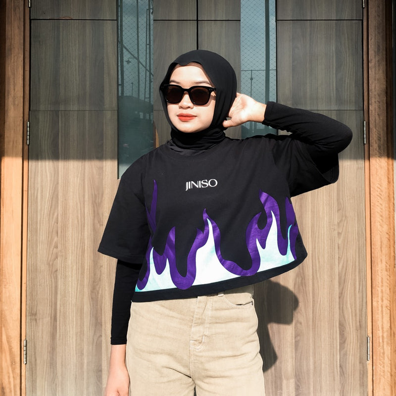 JINISO Crop Top On Fire Tee Oversize Black T-Shirt | Kaos