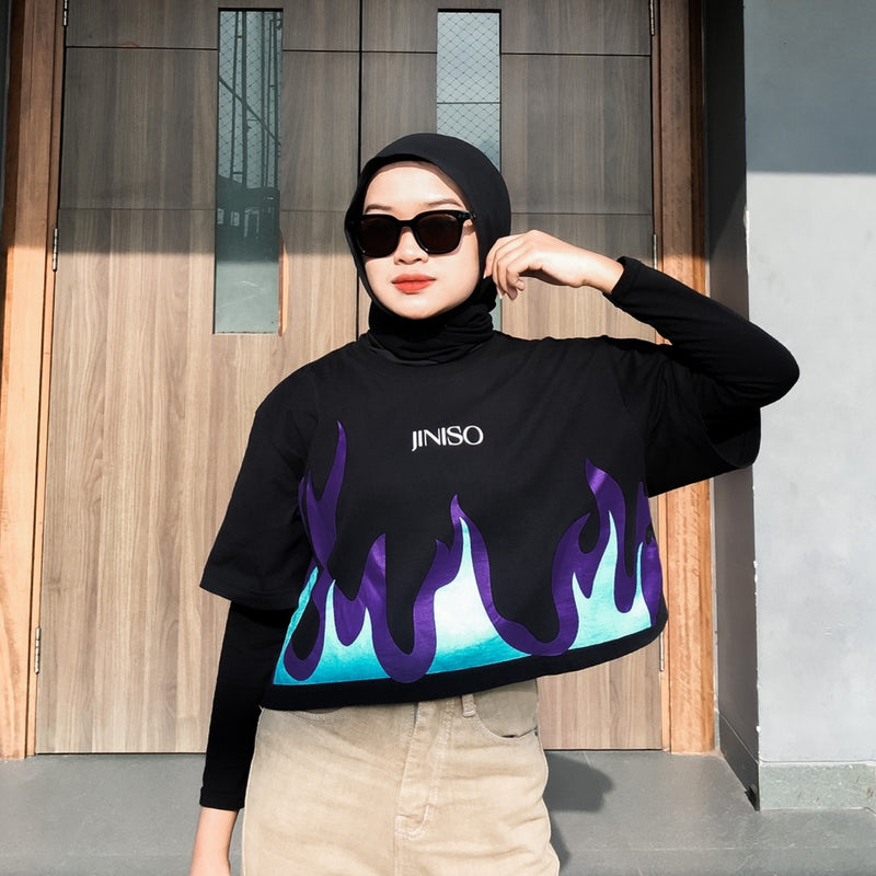 JINISO Crop Top On Fire Tee Oversize Black T-Shirt | Kaos