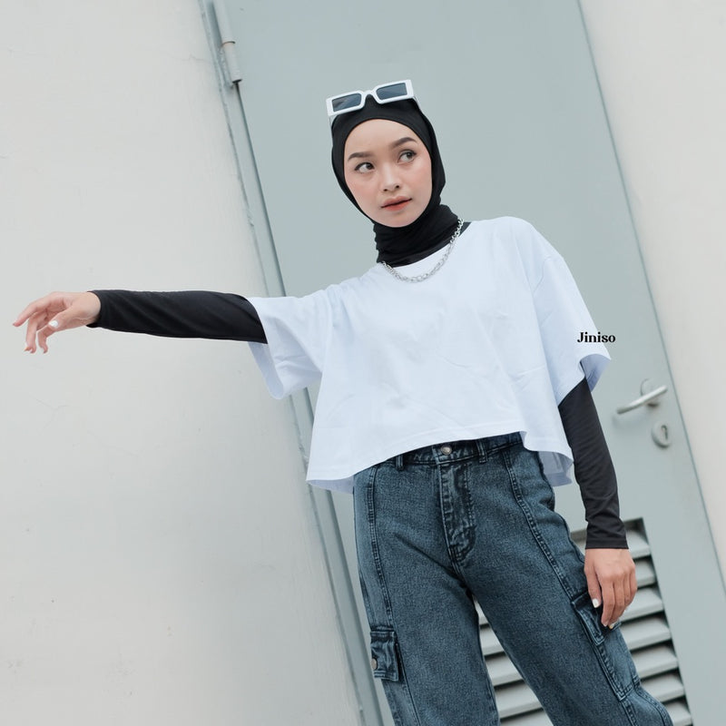 JINISO Kaos Crop Top Oversize Basic Polos T-Shirt