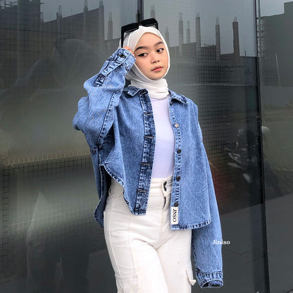 JINISO Jaket Crop Jeans Oversize Belle Basic Blue Acid