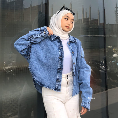 JINISO Jaket Crop Jeans Oversize Belle Basic Blue Acid