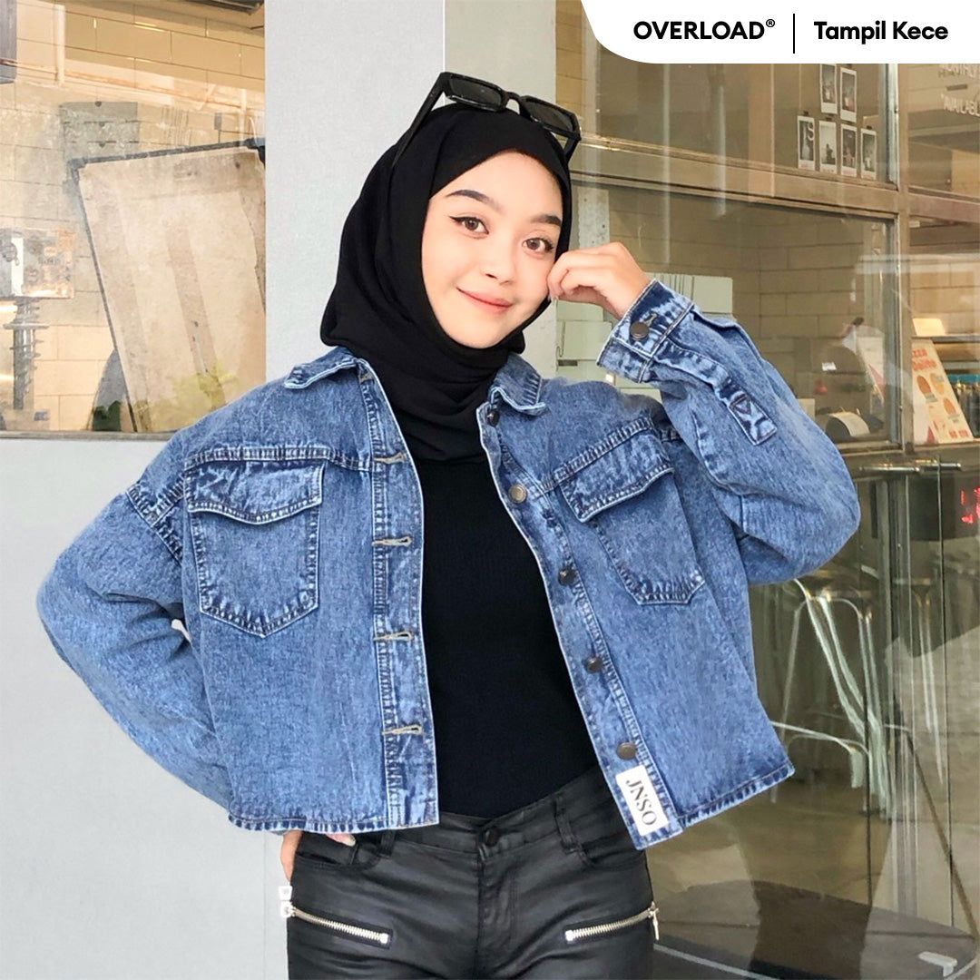 JINISO Jaket Crop Jeans Oversize Baggy Pocket Blue Acid