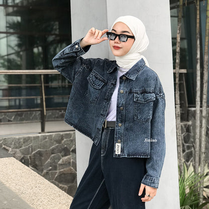 JINISO Jaket Crop Jeans Oversize Baggy Pocket Black Acid