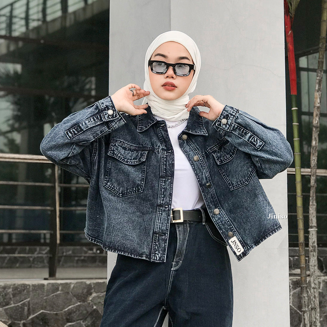 JINISO Jaket Crop Jeans Oversize Baggy Pocket Black Acid