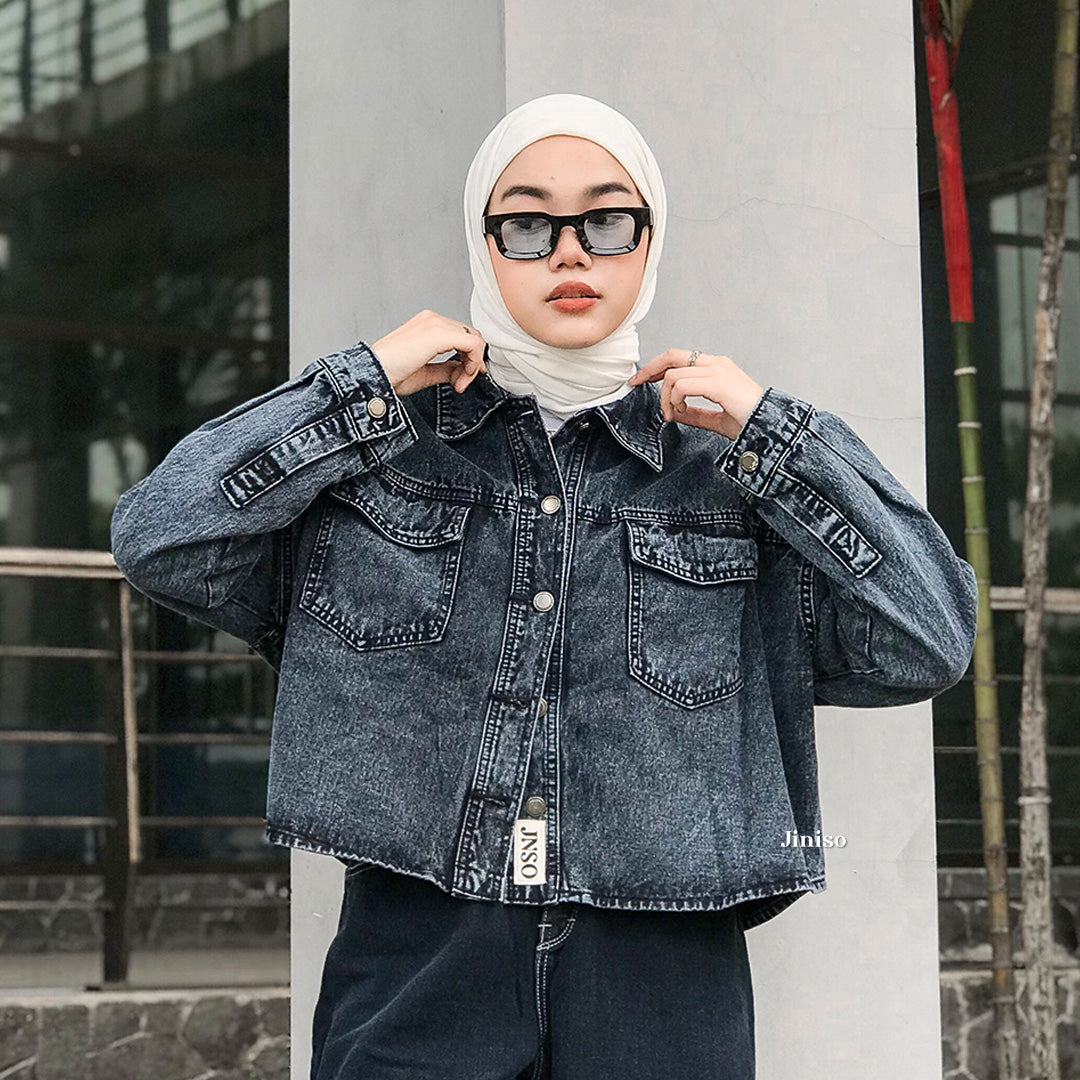 JINISO Jaket Crop Jeans Oversize Baggy Pocket Black Acid