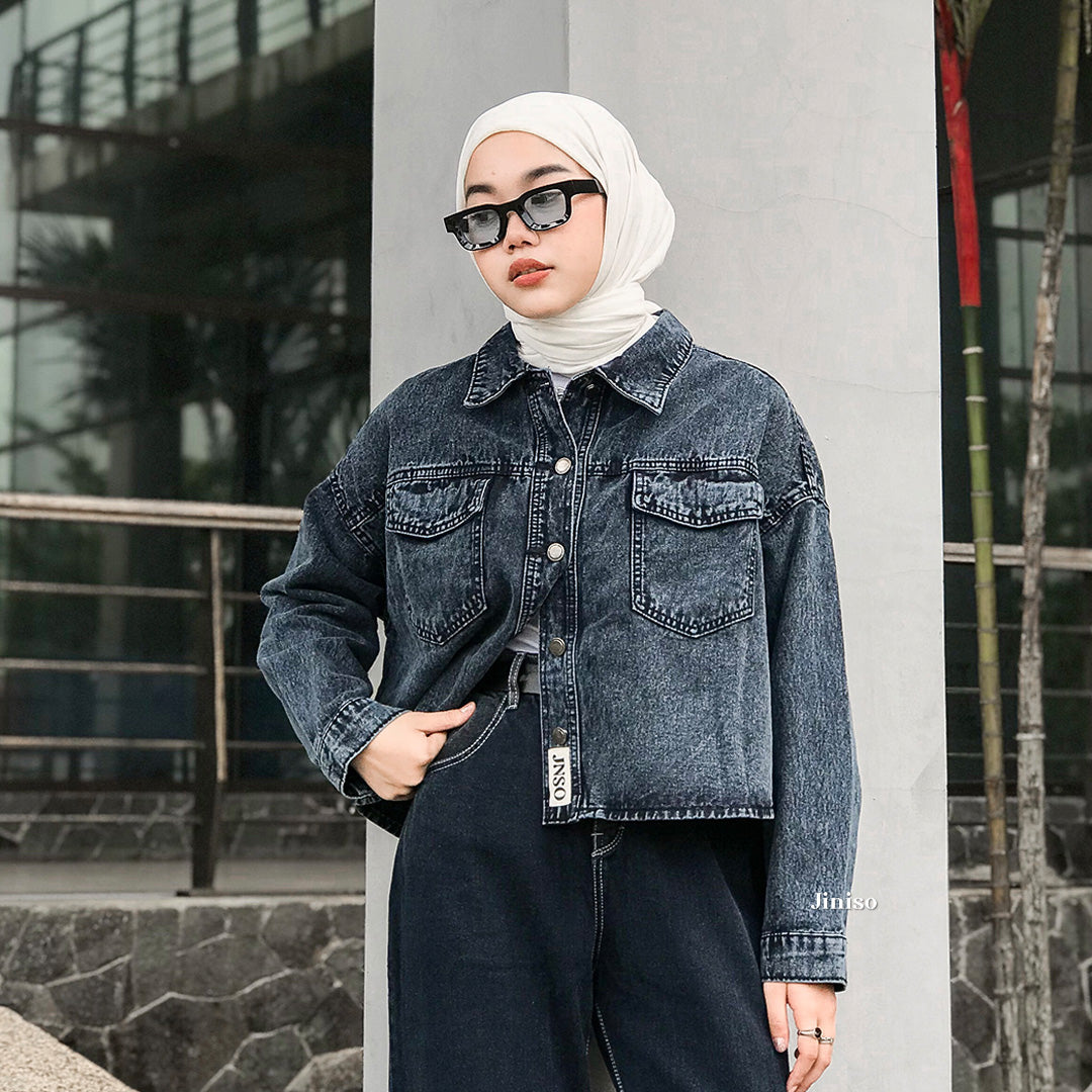 JINISO Jaket Crop Jeans Oversize Baggy Pocket Black Acid