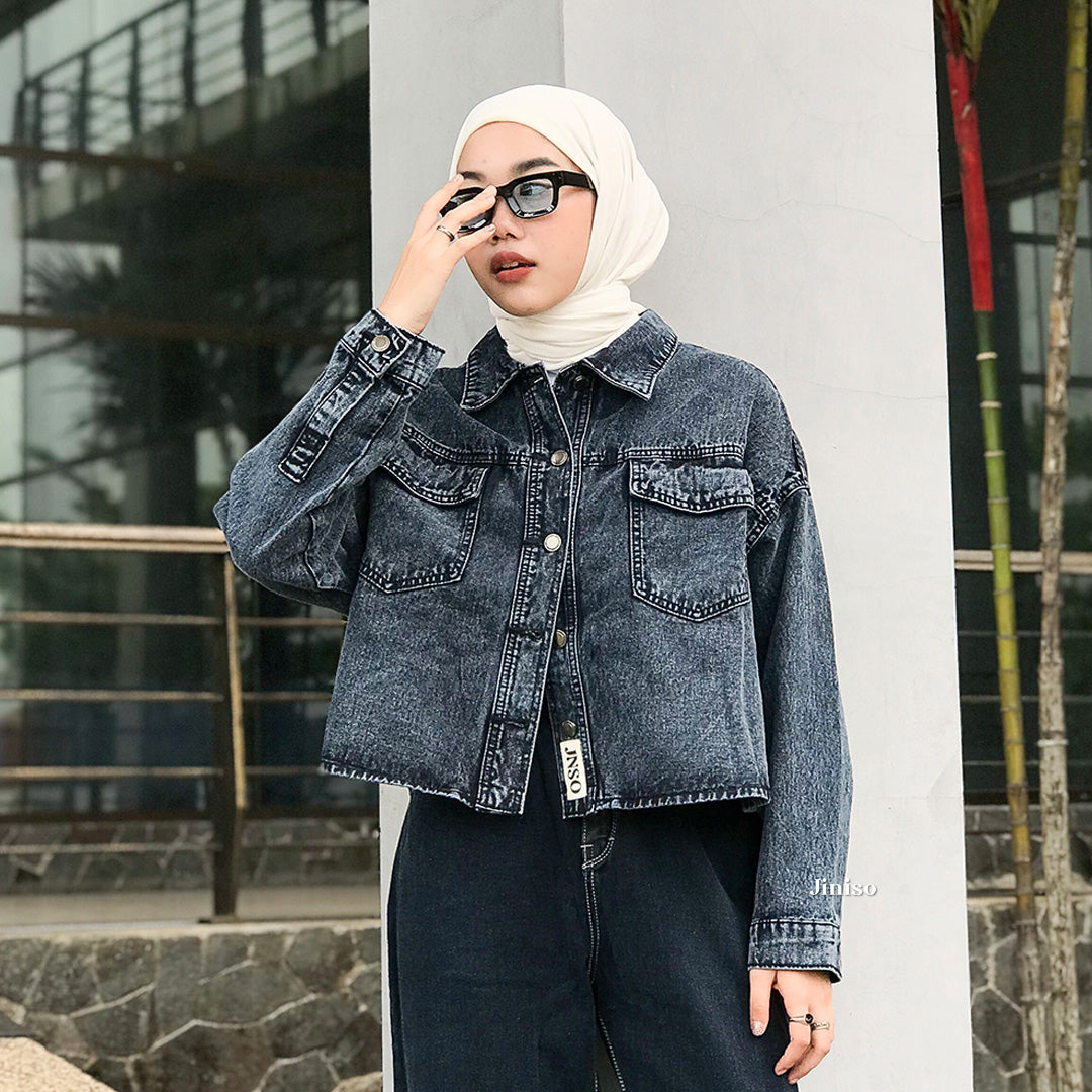 JINISO Jaket Crop Jeans Oversize Baggy Pocket Black Acid