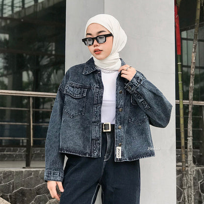 JINISO Jaket Crop Jeans Oversize Baggy Pocket Black Acid