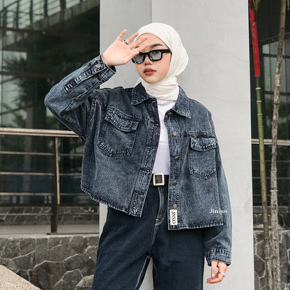 JINISO Jaket Crop Jeans Oversize Baggy Pocket Black Acid