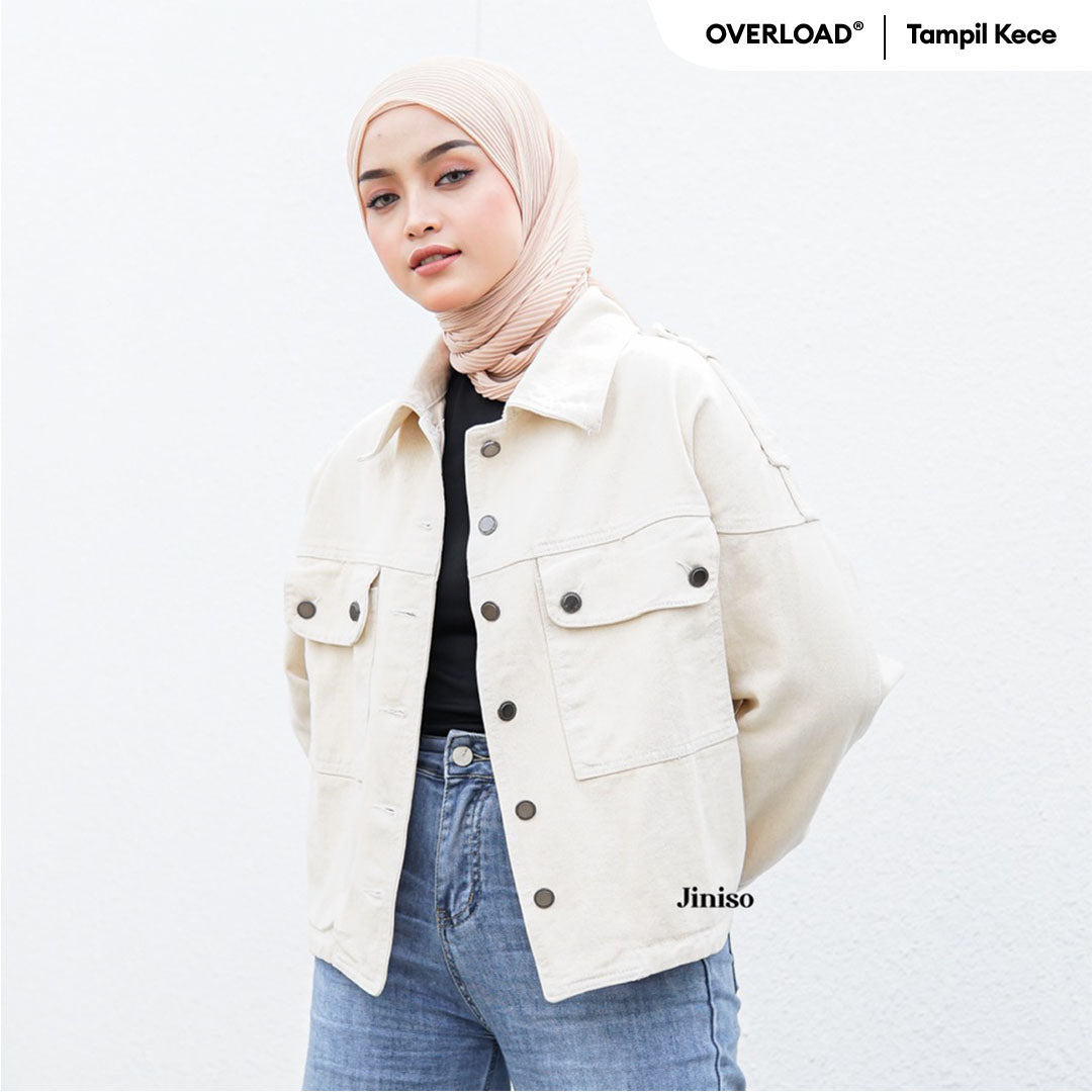 JINISO Jaket Crop Jeans Oversize Pocket Khaki